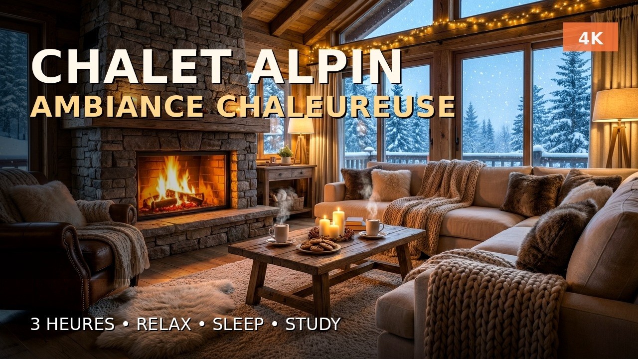 Intérieur de chalet alpin ultra chaleureux en plein hiver 3h
