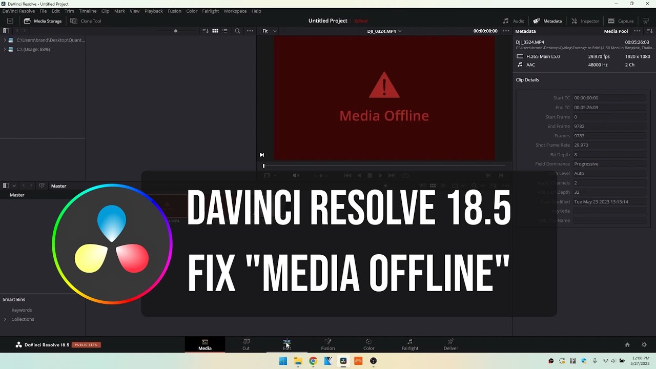 Исправлено предупреждение «Медиафайлы отключены» для файлов H.265 в DaVinci Resolve! [2023]