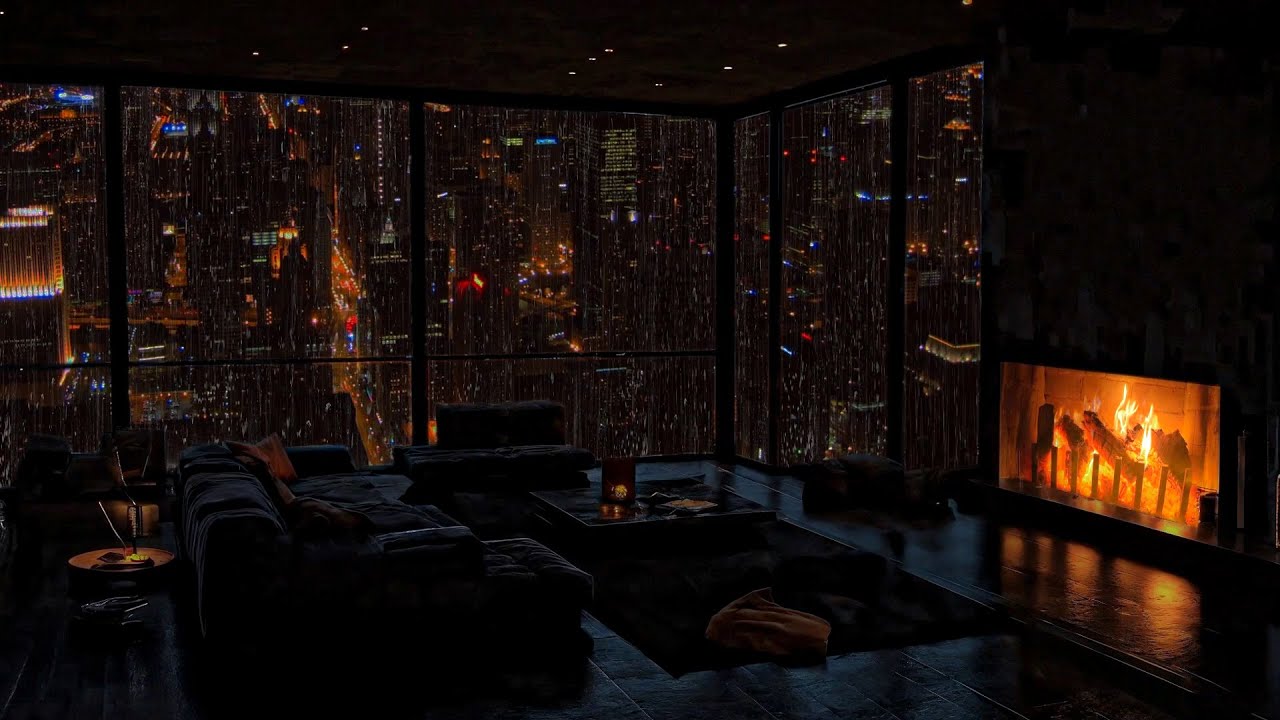 Dunkler Raumkomfort in NYC: Stadtregen und Kaminfeuer-Ger&auml;usche f&uuml;r tiefe Entspannung 🌧️🔥