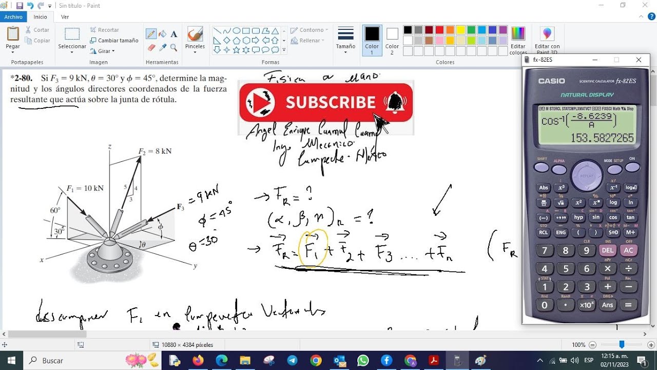 *2-80. Si F3 = 9 kN, teta=  30° y fi= 45°, determine la magnitud y los ángulos director