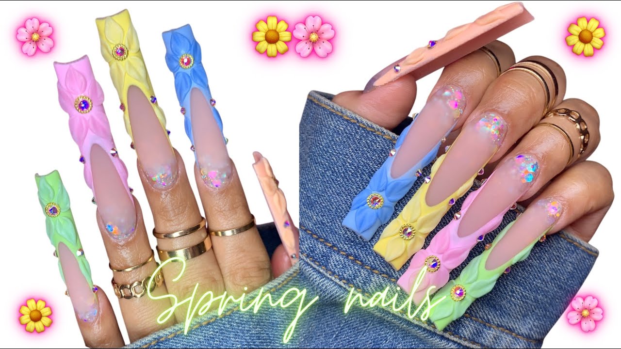 COLORFUL SPRING ACRYLIC  NAILS 🌸🌼/ GEL FRENCHIES WITH 3D FLOWERS 💐