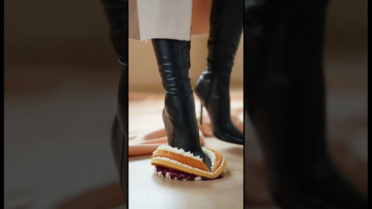 AI High Heel Overknee Boots Crush a Cake | Artistic Food Moment 