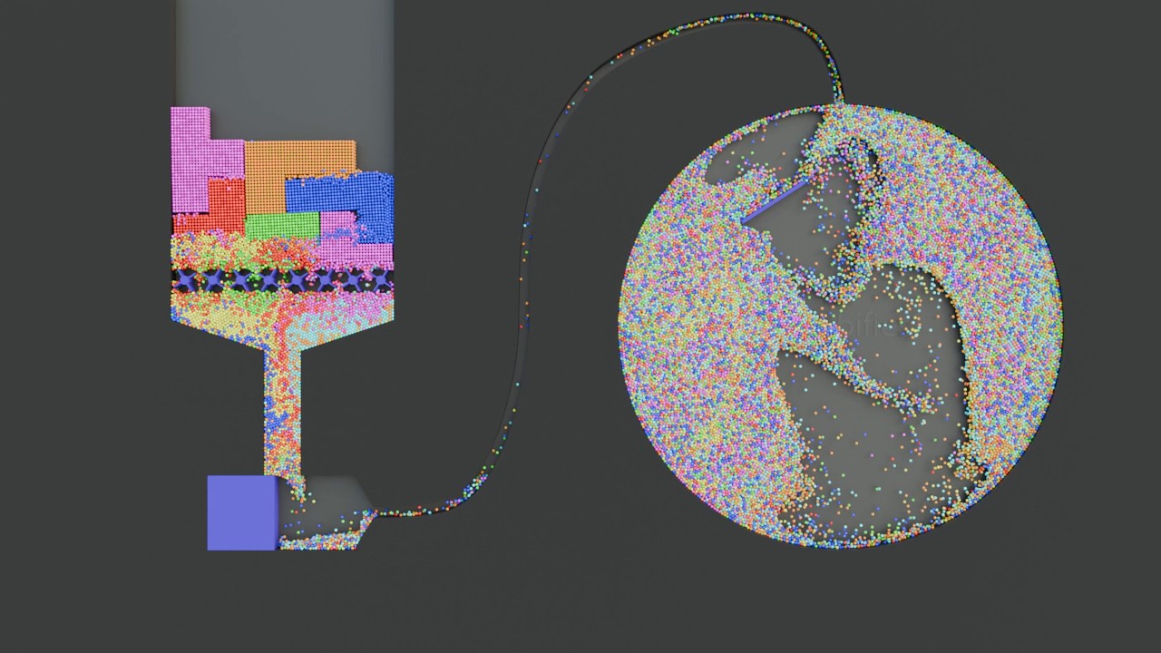 Relaxing animation of Tetris created by 83610 balls.