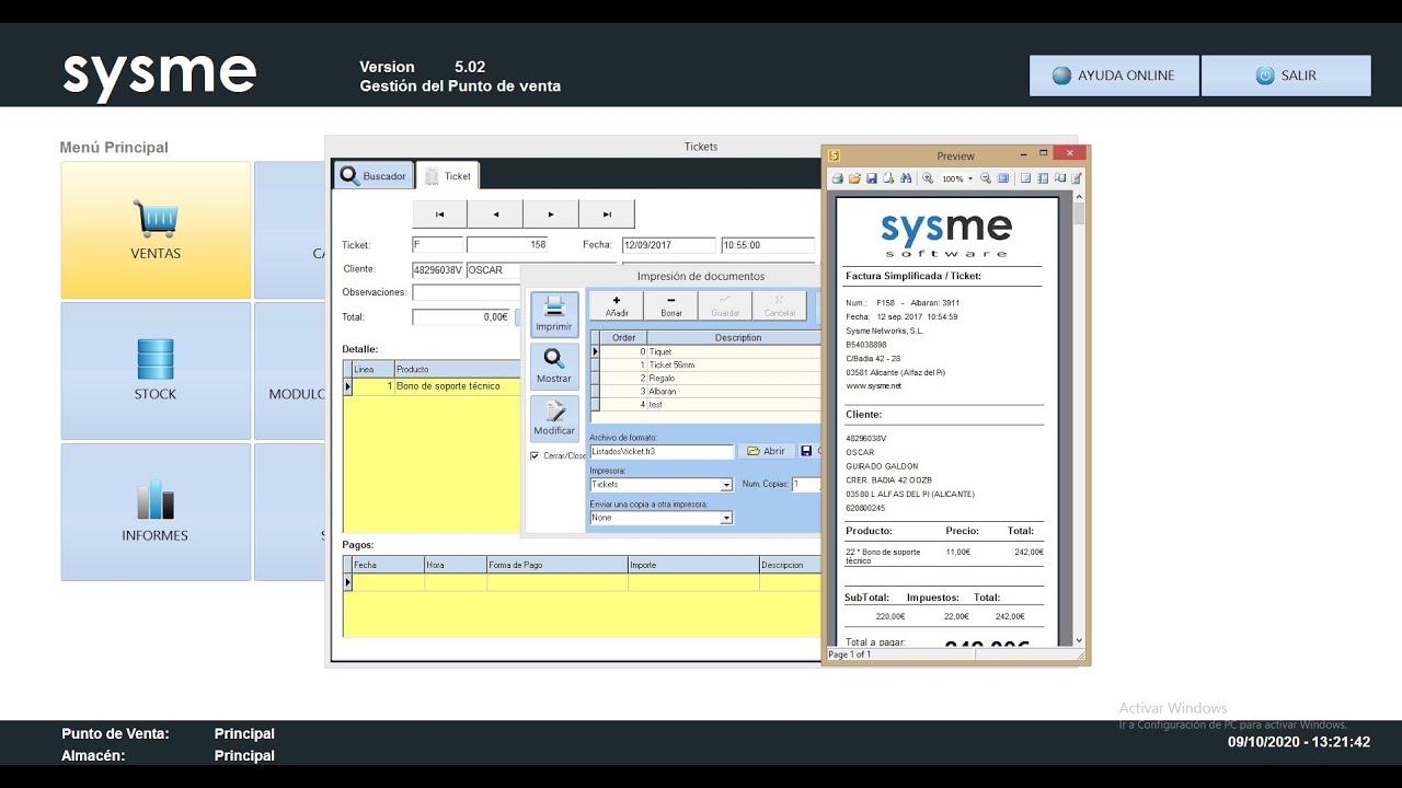 Sysme Tpv, configurar tamaño de papel admitido por la impresora de tickets