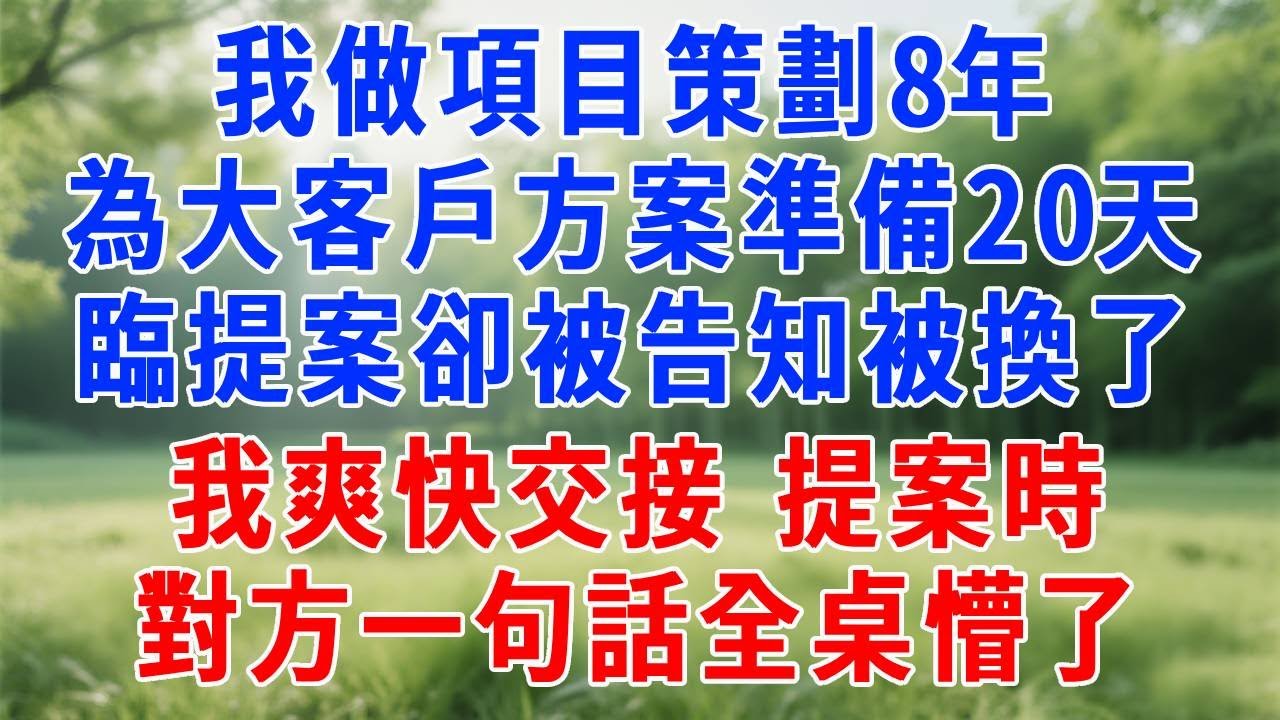 我做項目策劃8年，為大客戶方案準備20天，臨提案卻被告知被換了：新人聽話還便宜！我看著身旁老板親戚，爽快交接，提案時對方一句話全桌懵了。#人生感悟  #故事分享 #故事頻道 #职场 #生活經驗 #打脸