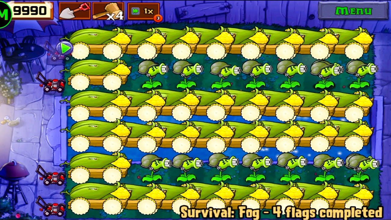 Plants Vs zombies Survival Fog | Cob Cannon+Gatling Pea Vs All Zombies Challenge 
