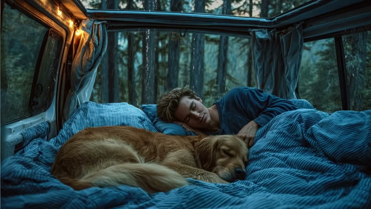 Relaxing Rain on the Car Window ASMR⛈️ Sleeping in a Van Deep in the Forest with a Golden Retriever🌲