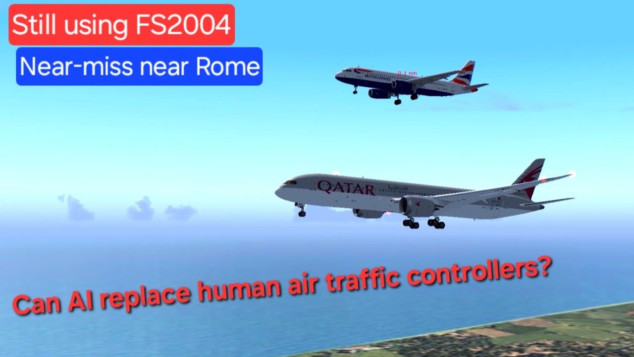 FS2004: Near miss while landing into Rome Fiumicino Airport. Can AI ATC replace human ATC?
