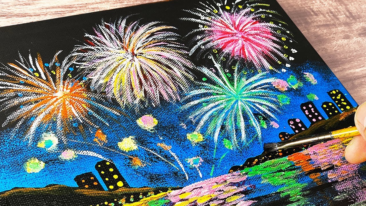 アクリル絵の具で「花火」を描く方法 | 初心者のためのアクリル画 | Step by step Acrylic painting | ASMR #155