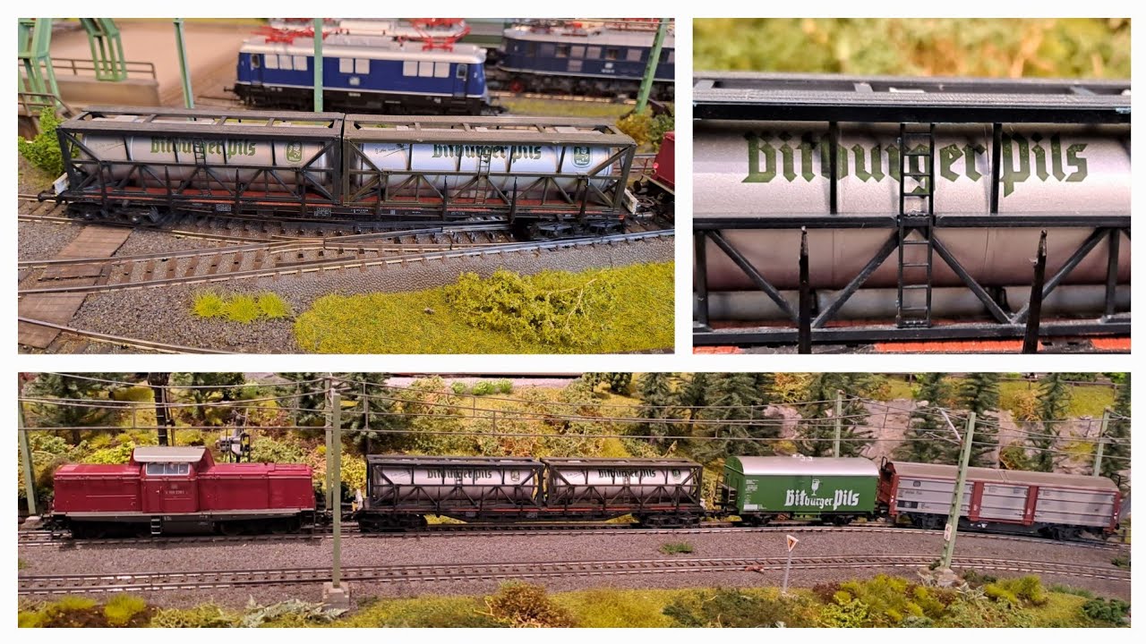 Rungenwagen mit Containern „Bitburger Pils“ der DB