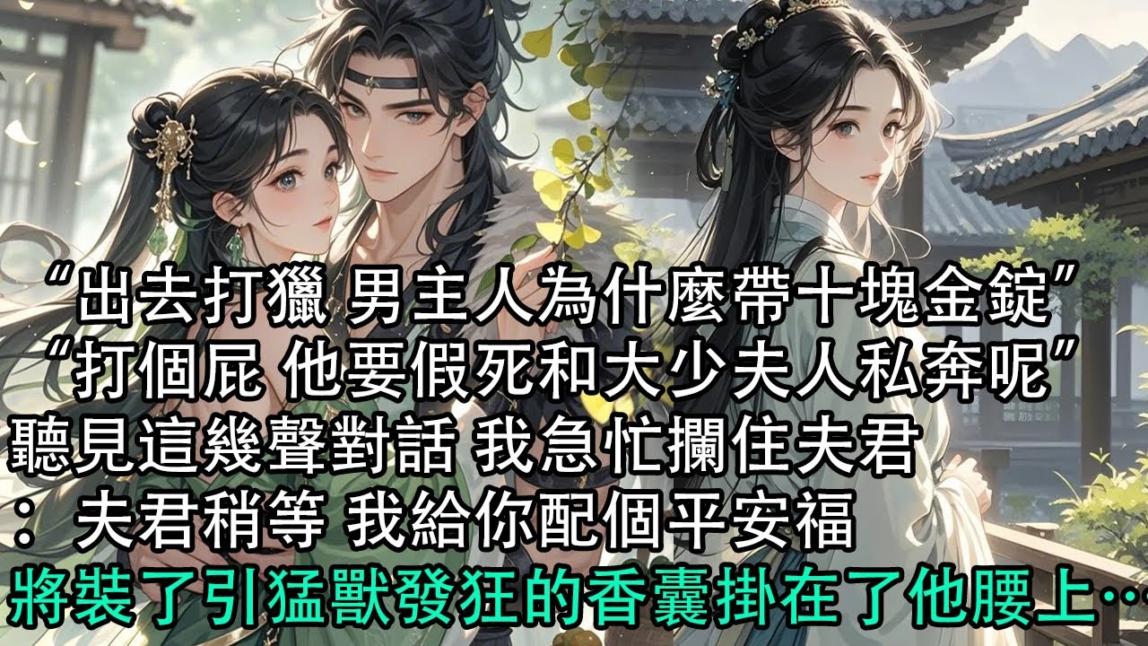 【一口氣看完】“出去打獵 男主人為什麼帶十塊金錠”，“打個屁 他要假死和大少夫人私奔呢”，聽見這幾聲對話 我急忙攔住夫君：夫君稍等 我給你配個平安福，將裝了引猛獸發狂的香囊掛在了他腰上…