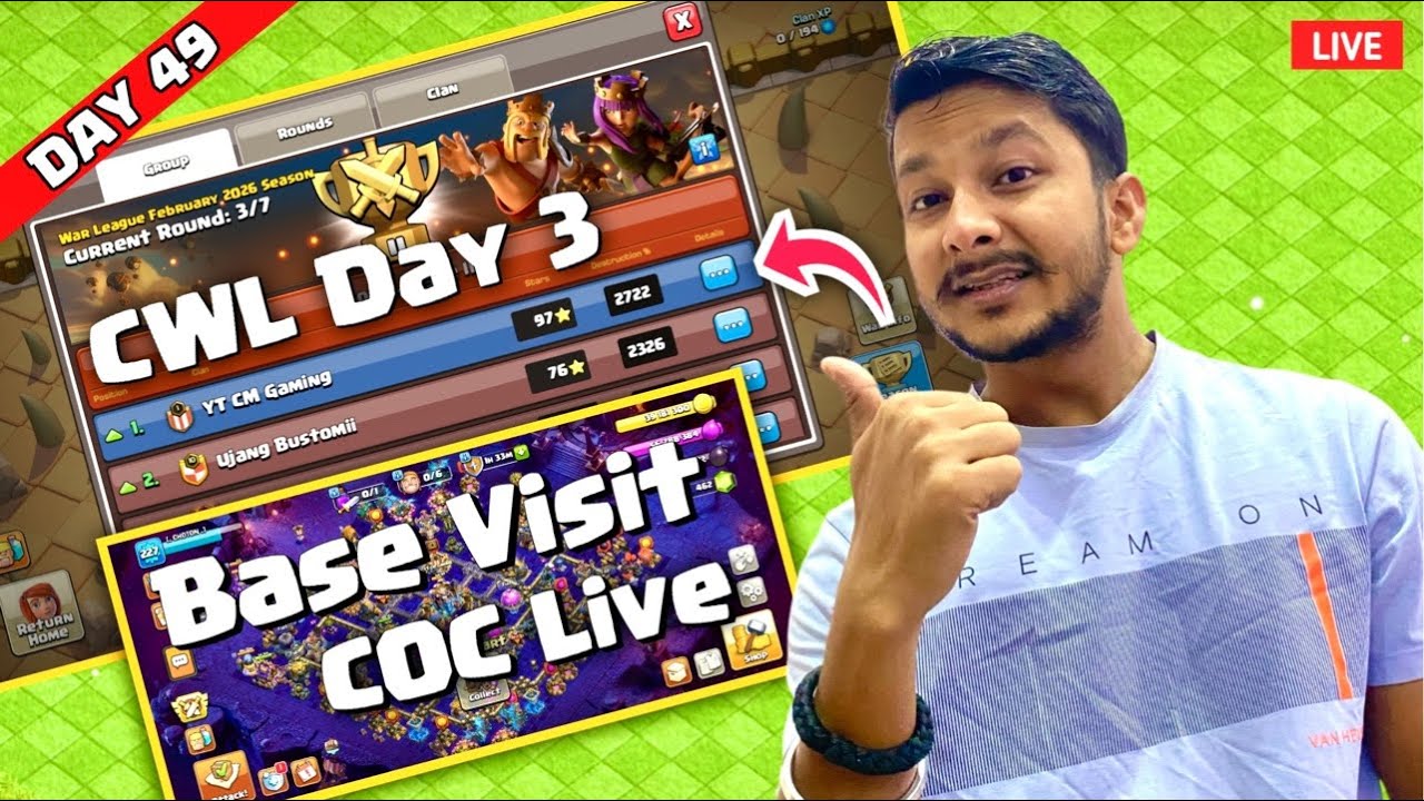 Day 49 Live Clash of Clans Hindi | TH18–TH9 Attacks | CW Day 3 | Base Visit Live | Ranked Battle