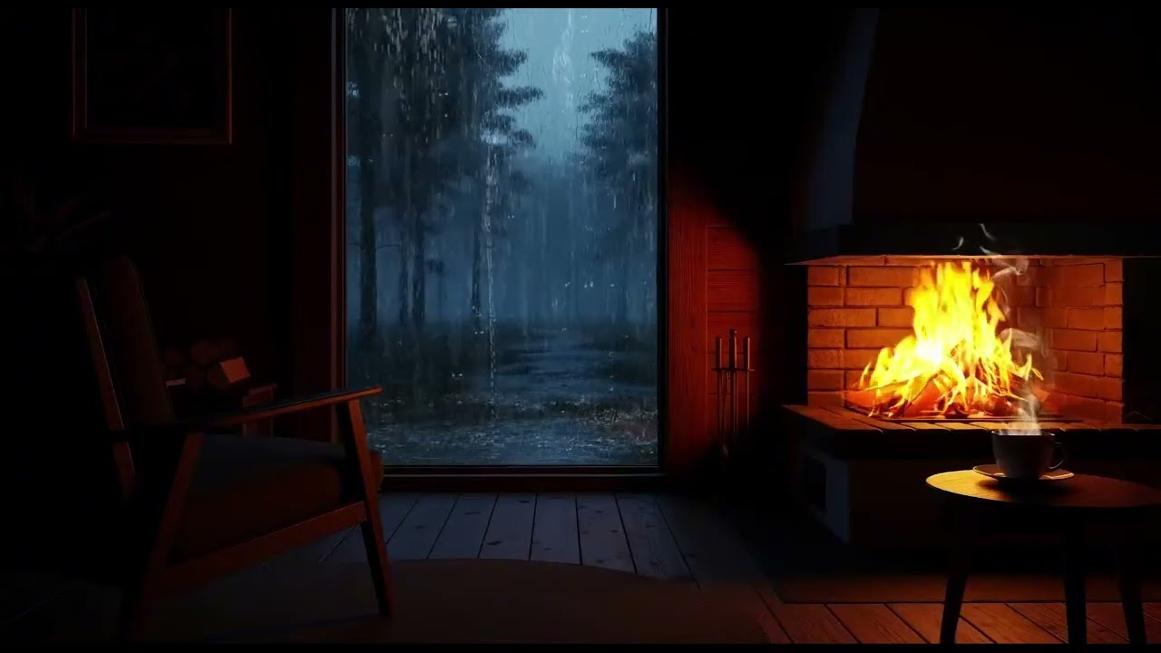 Forest Rain Seen from a Quiet Cabin with Fireplace, For Deep Relaxation & Deep Sleep (8Hours)