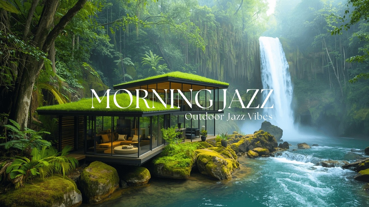 Waterfall View Cafe Jazz 🎶 Relaxing Smooth Jazz & Natural Outdoor Sounds