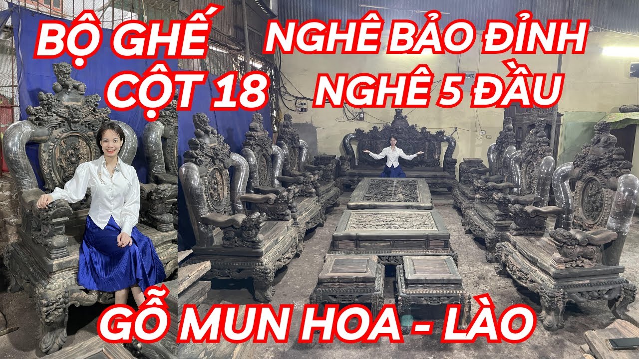 Bộ bàn ghế Nghê Bảo Đỉnh 5 đầu cột 18 gỗ Mun hoa Lào siêu VIP ở đây ạ
