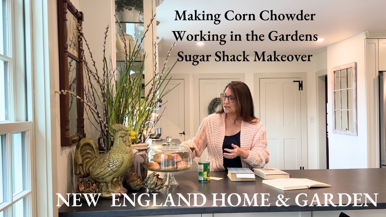 Garden cleaning, creating a corn chowder recipe, antique New England home