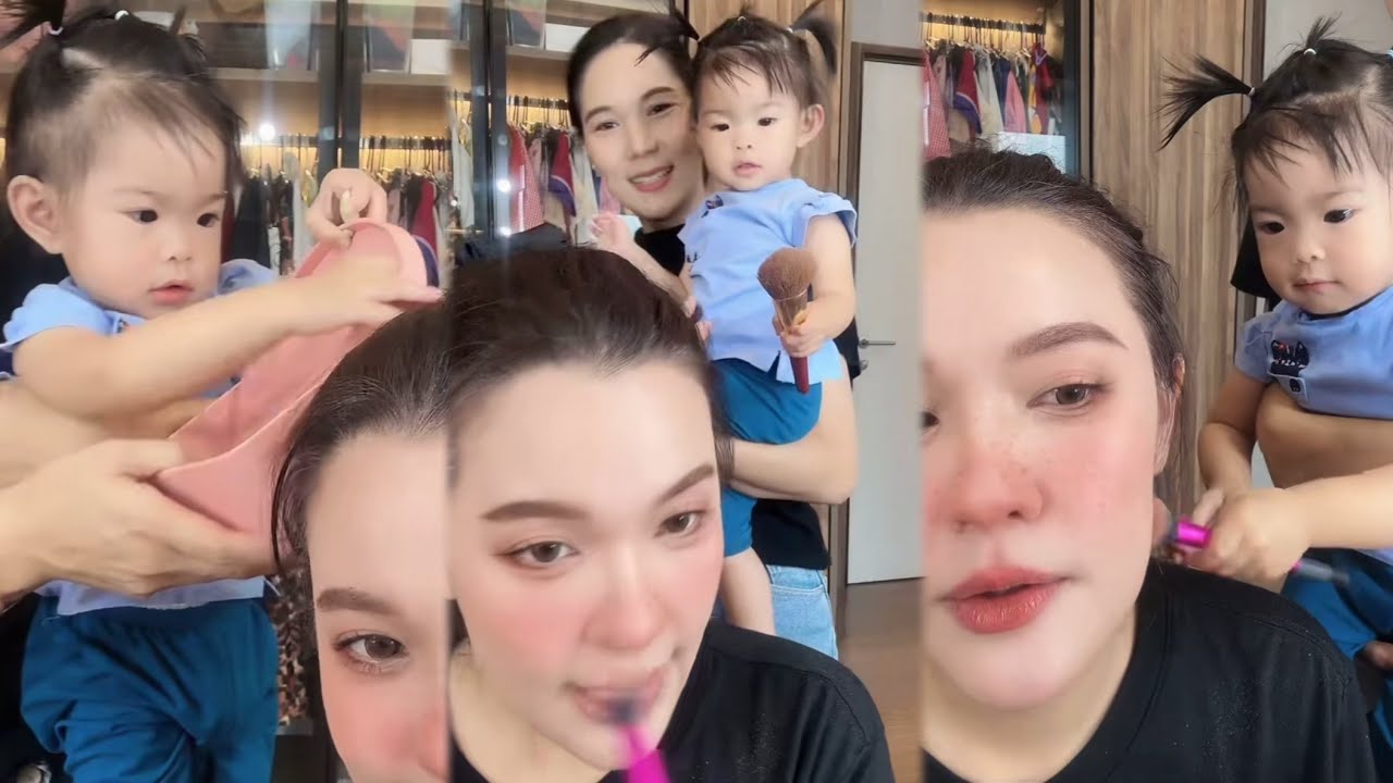 แสนดีอยากแต่งหน้าให้แม่เปา ถือแปรงมาพร้อมเลยน่ารัก ตั้งใจทาแก้มแม่ #แสนดี #เปาวลี #เอิร์ธ 