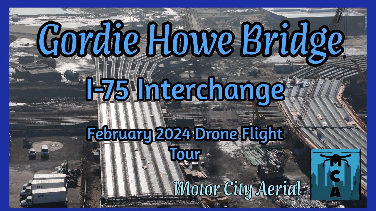 Aerial View of Gordie Howe Bridge I-75 Interchange Construction | Drone Footage. Feb 2024