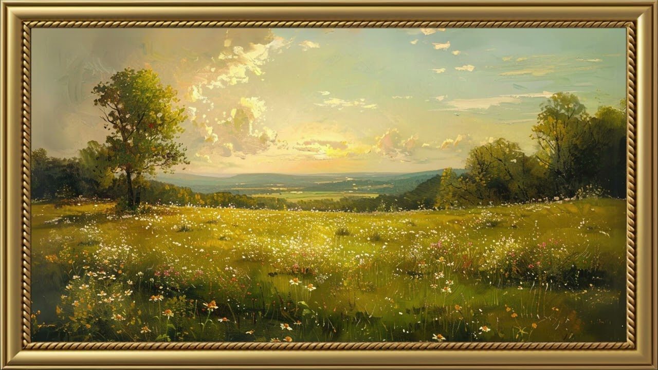 Vintage Spring Meadow Painting | Gold Frame TV Art Screensaver for TV Wallpaper