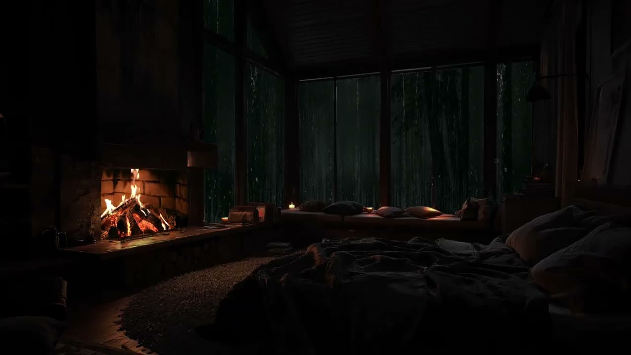 Listening to the sound of rain outside a warm cabin hidden deep in the forest