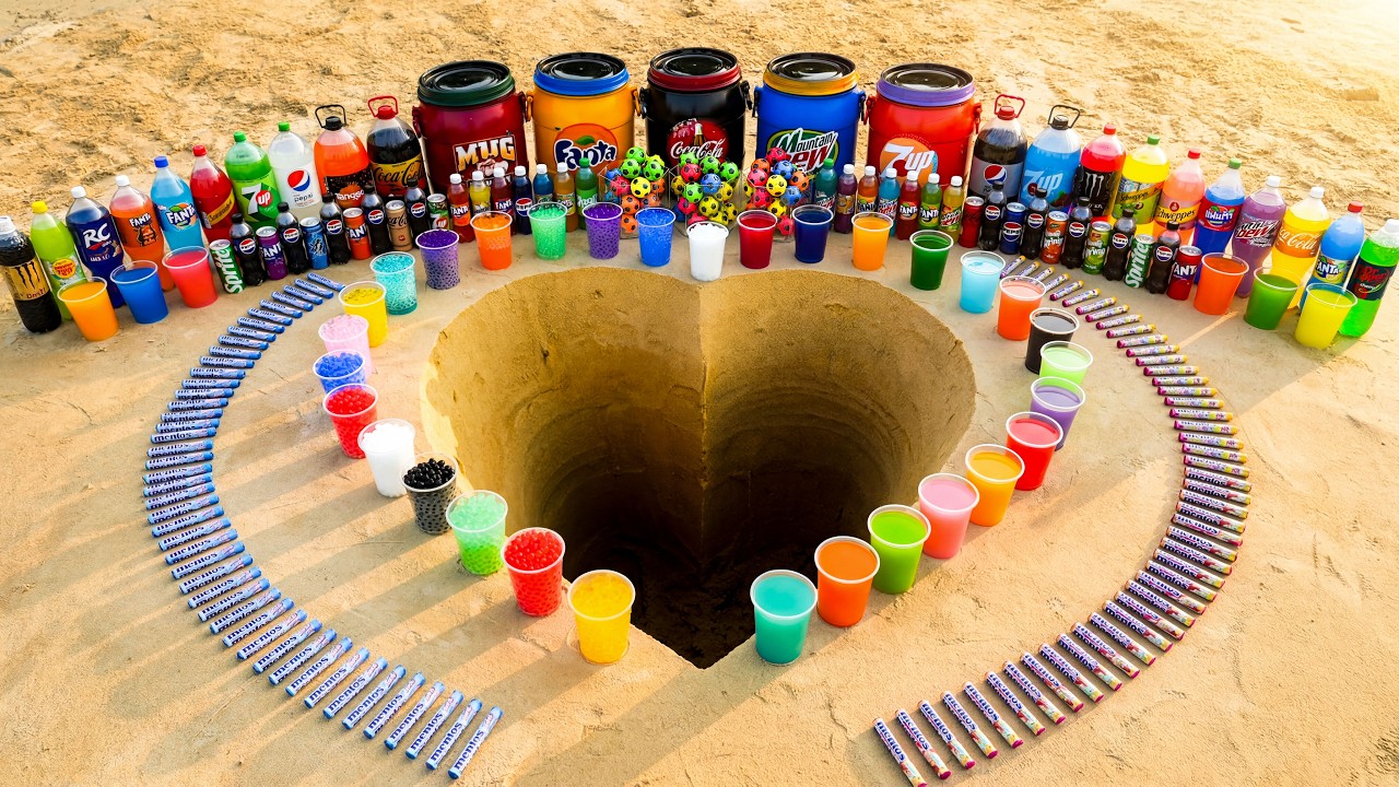 Experiment: Big Toothpaste Eruption from Heart Pit with Big Coca Cola, Fanta, 7UP & Mentos!