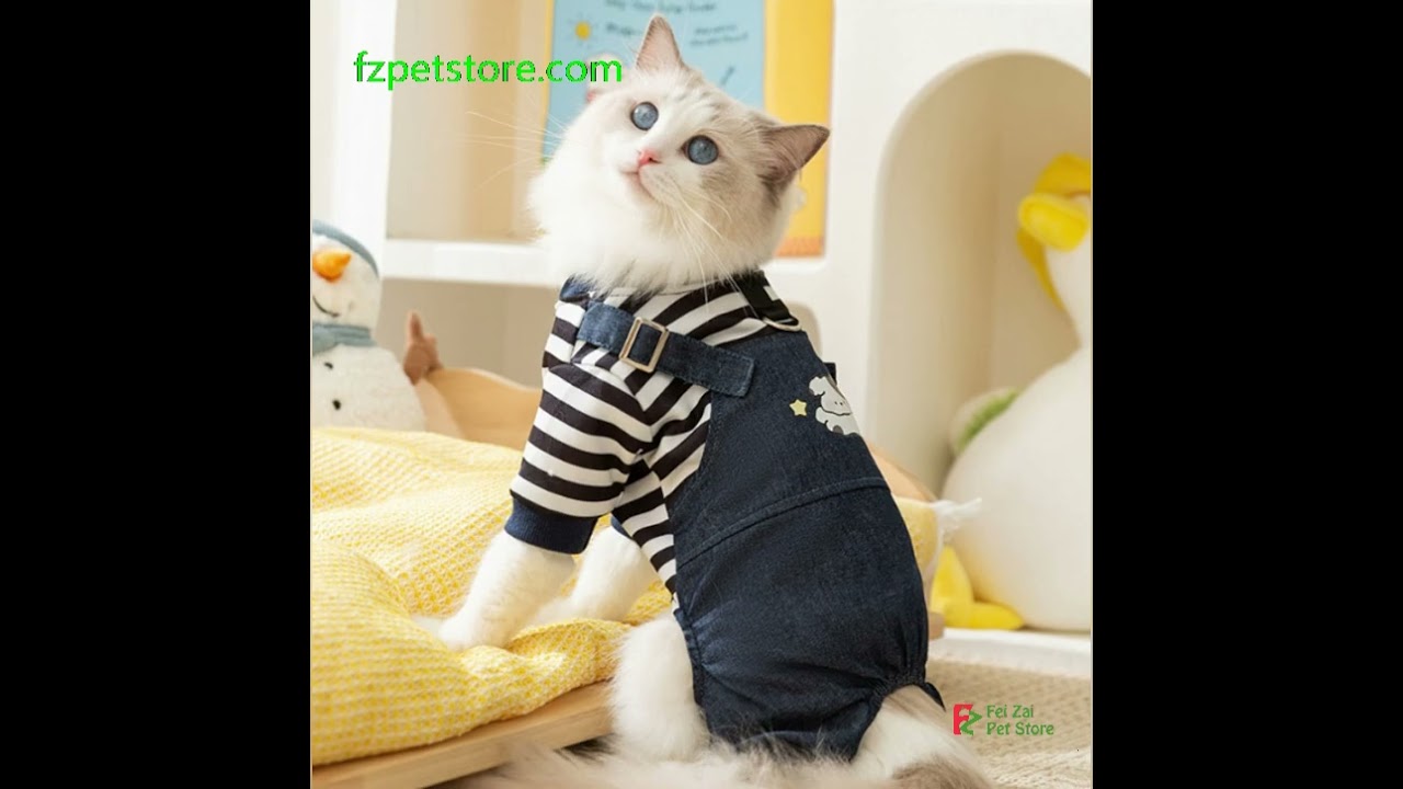 Cat autumn and winter cute striped denim overalls thin four-legged clothes pet cat clothes