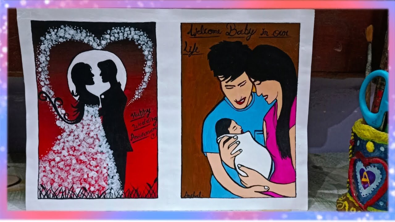 Romantic Couple❤️And Born Baby👶Combined Painting🖌️🎨 (Anniversary Painting)#virel#likesharesubscribe 