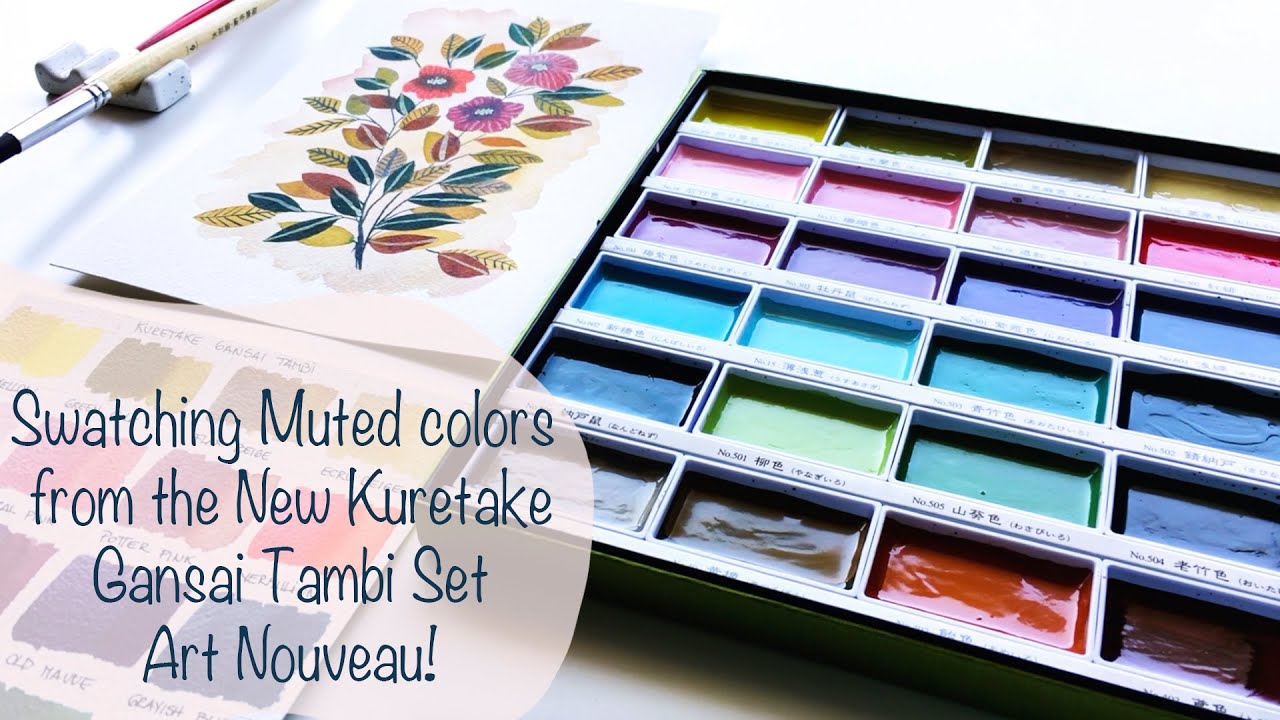 Swatching Muted colors from the New Kuretake Gansai Tambi Set (Art Nouveau) + Floral  Painting