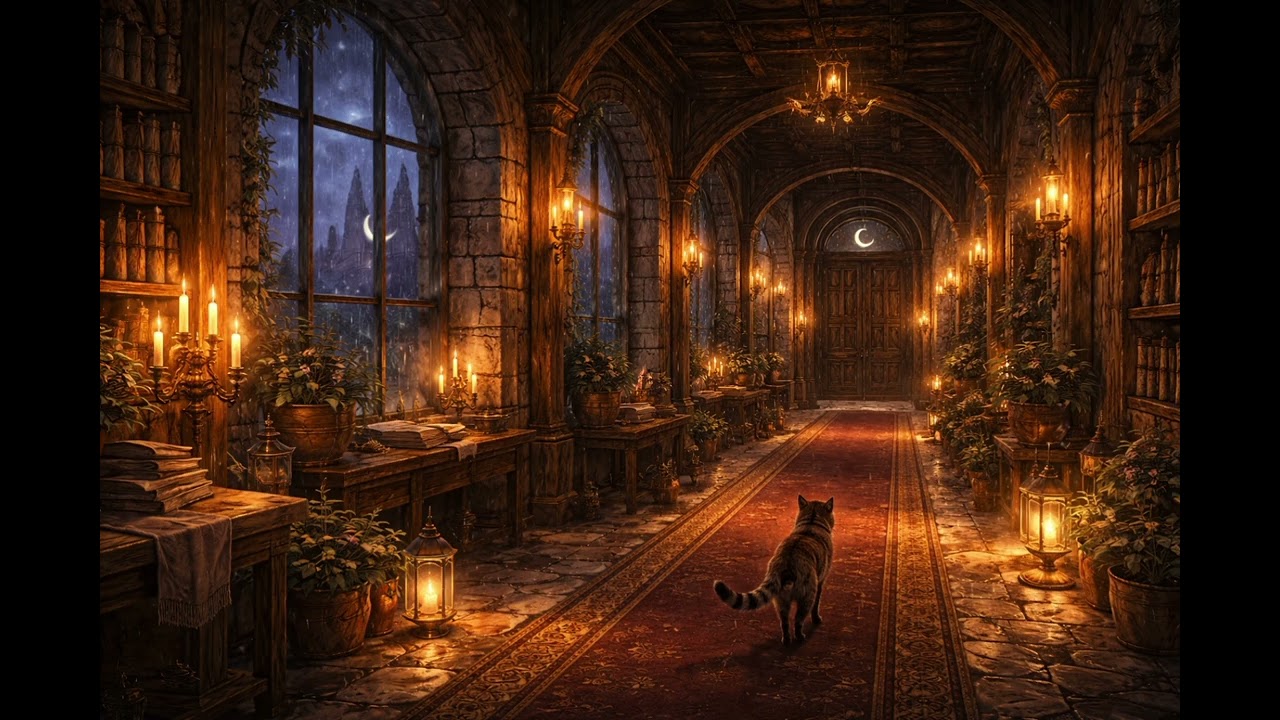 Castle Library Hallway at Midnight🌙🕯️ | 🎶Cozy Medieval Lo-Fi Ambience🎧 (CastleDreams)⚔️