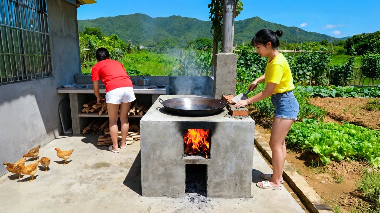 TIMELAPSE - Build Stoves, Pour The Kitchen Floor, BUILD LOG CABIN in the Forest from Start to Finish