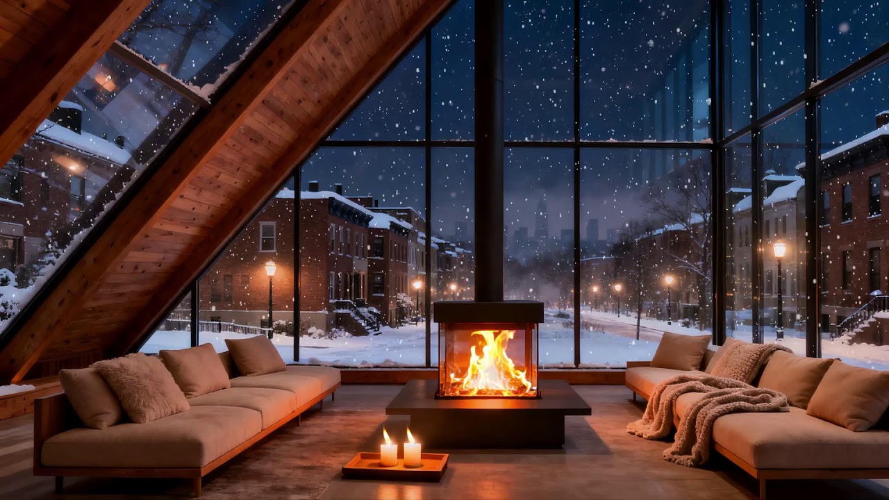 Snowfall Through Floor to Ceiling Windows 🔥 Warm Fireplace Ambience for Rest