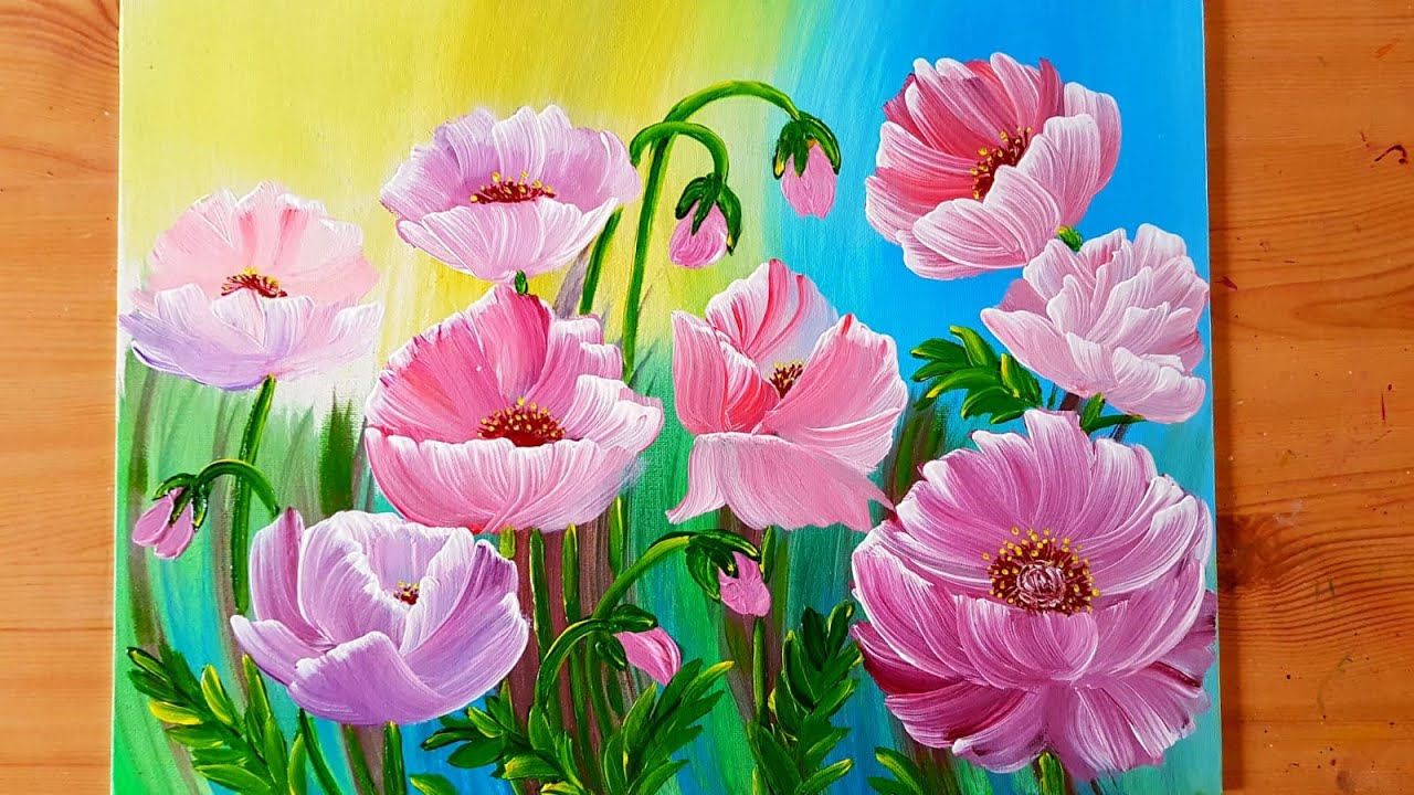 Blumen Malen Acryl Rot Lila Orange Anfänger Echtzeit - Flowers Acrylic Painting Red Lilac Beginners