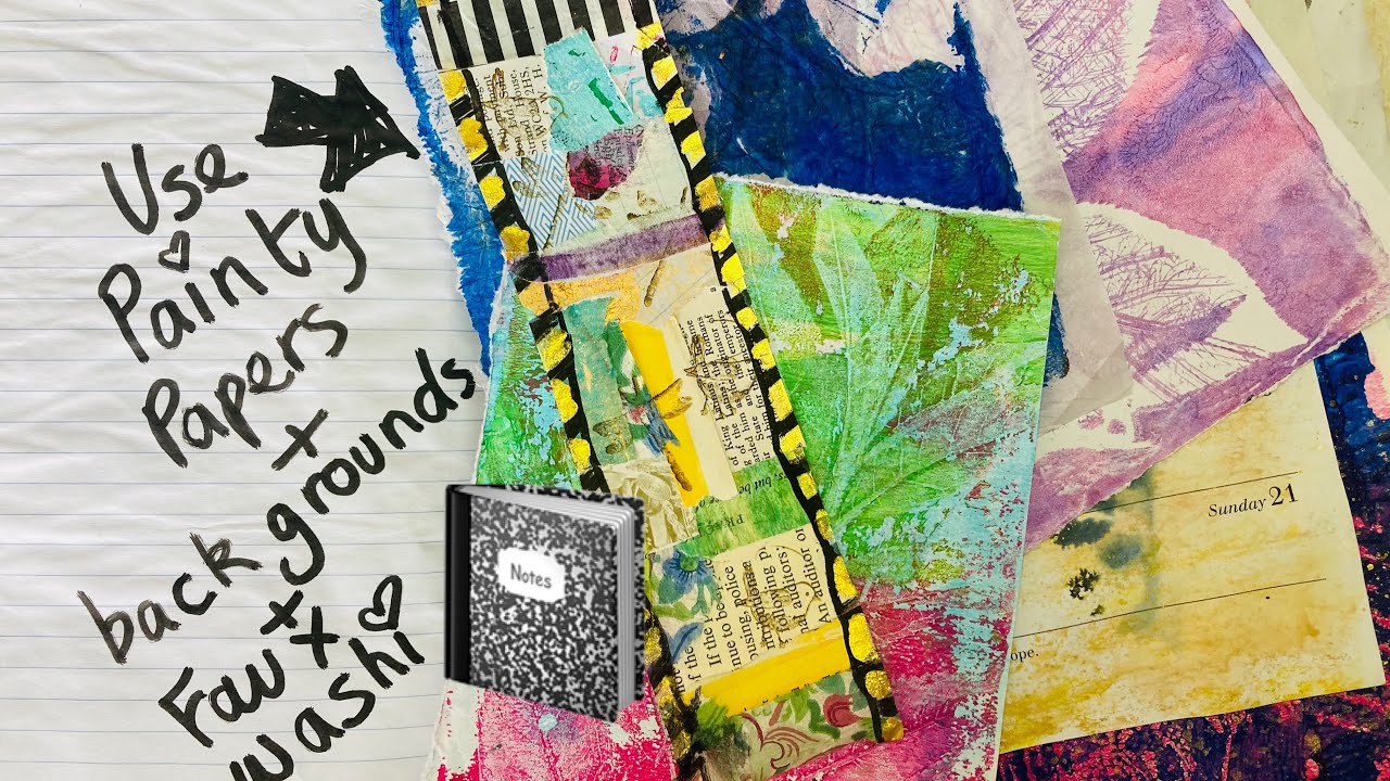 Composition notebook paint paper backgrounds & fuax washi reuse paper scraps