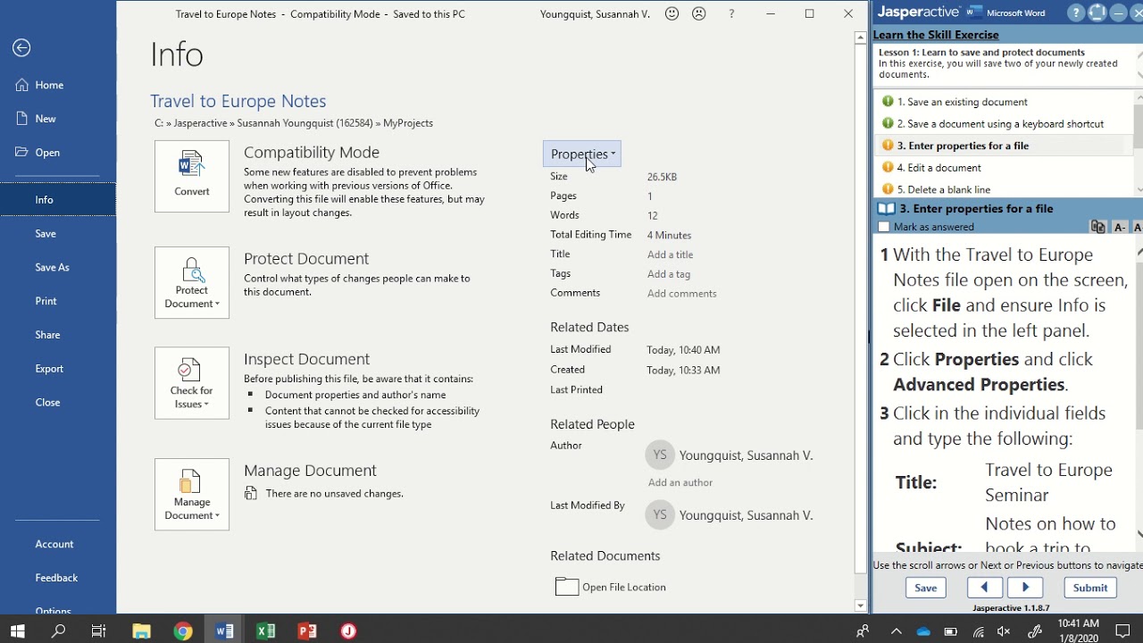 Jasperactive Word 2019 Lesson 1: Saving Documents