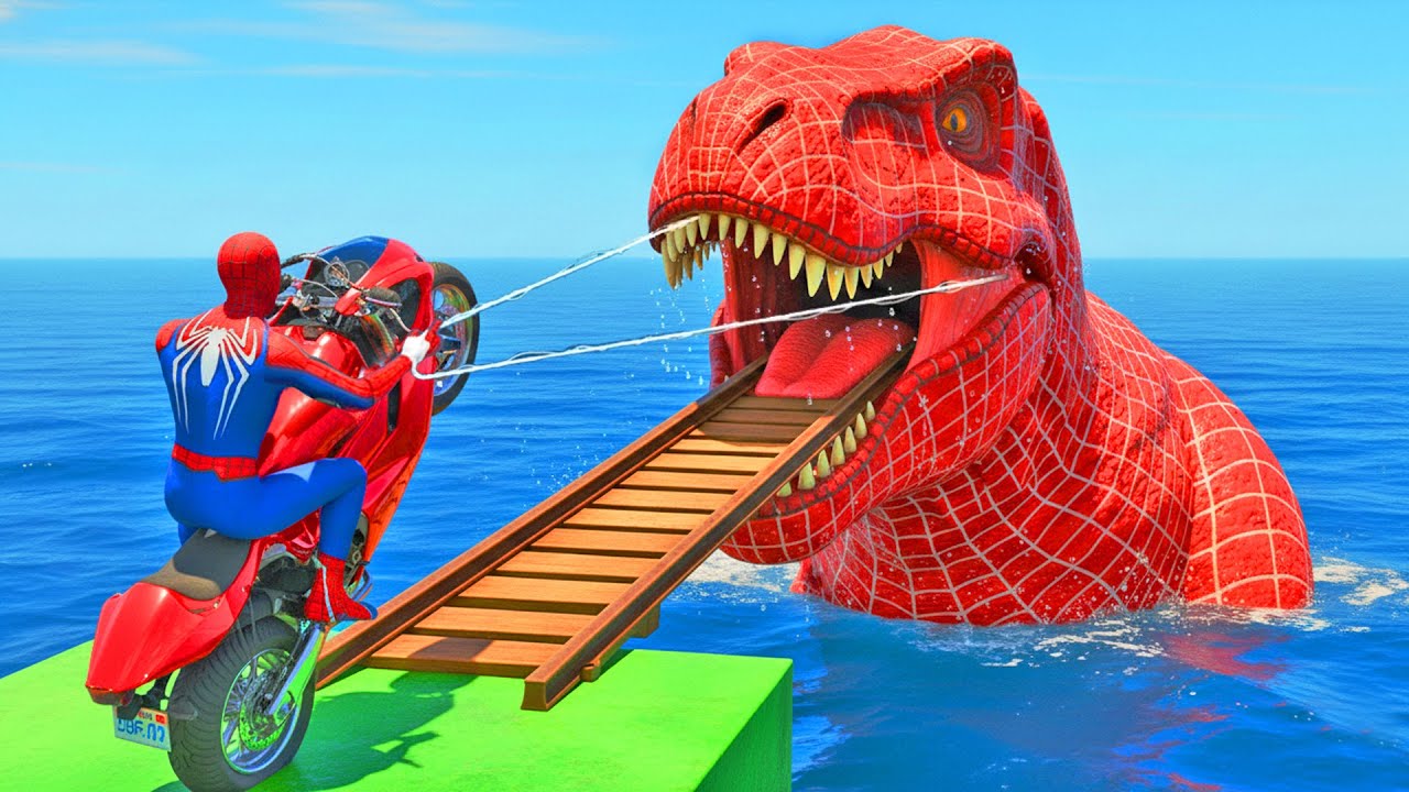 الرجل العنكبوت انقاذ باتمان -Spiderman Crazy Ragdoll VS Dinosaur VS Minion VS Stunt Ramp ChallengeS