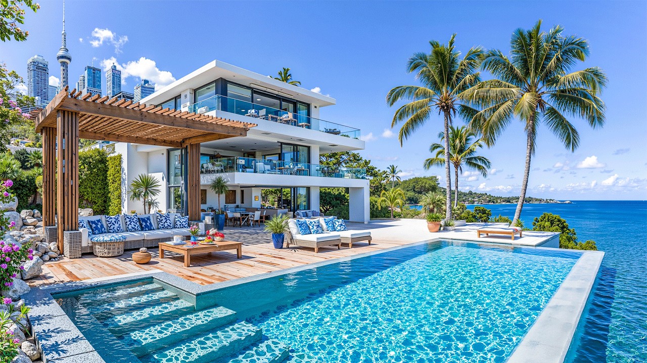 Luxury Villa Ambience by the Sea with Cheerful Bossa Nova Jazz & Soft Waves Sound for a Great Start