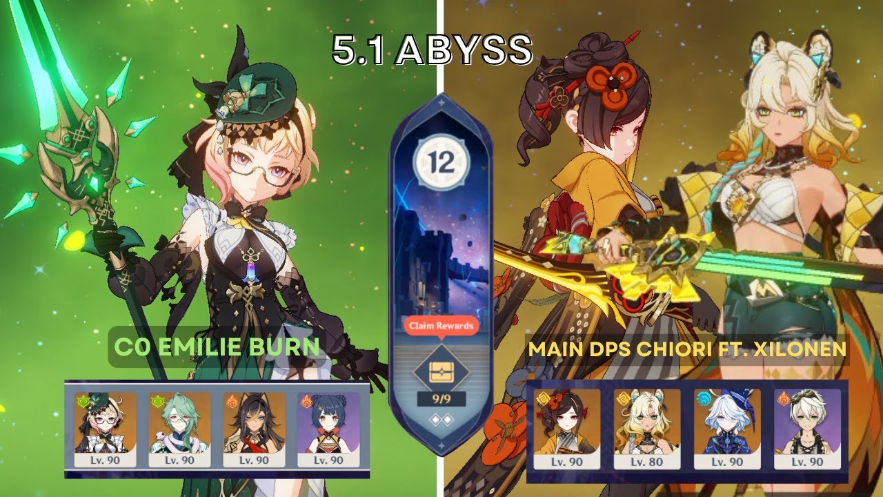 C0 Emilie Burn & C1 Chiori Main DPS ft. Xilonen | 5.1 Floor 12 Spiral Abyss | Genshin Impact