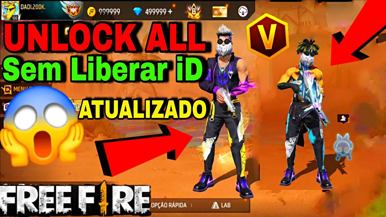 ATUALIZOU! UNLOCK ALL VIP PARA FREE FIRE 😱 (SEM LIBERAR O iD) UNLOCK ALL FUNCIONANDO TODOS FREE FIRE