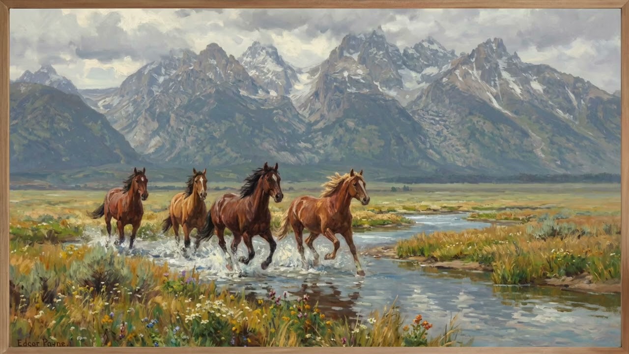 Wild Horses Galloping in the Mountains | Framed Oil Painting Art TV Background | Screensaver 2 Hours