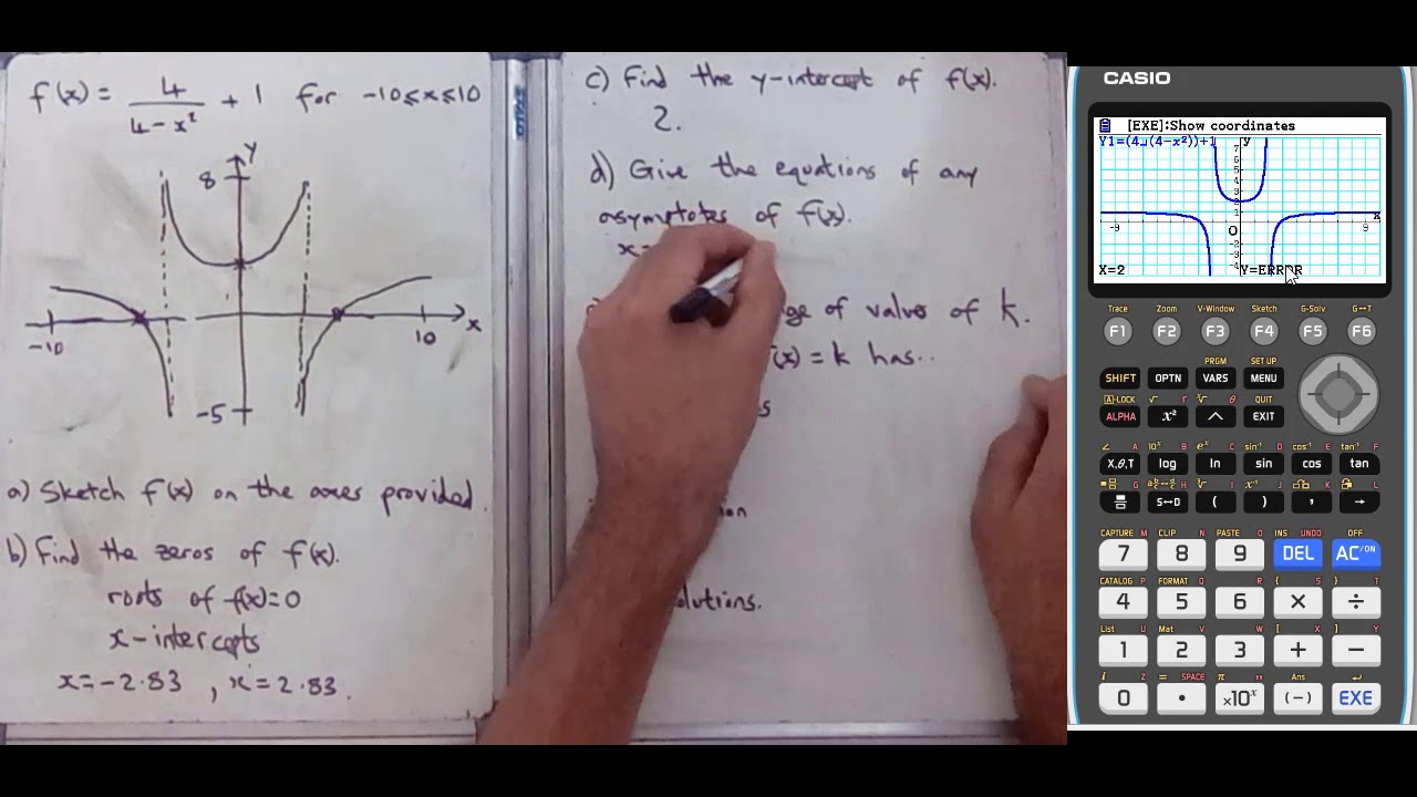 Casio fx-CG50 finding zeros, asymptotes, y-intercept and solving f(x) = k