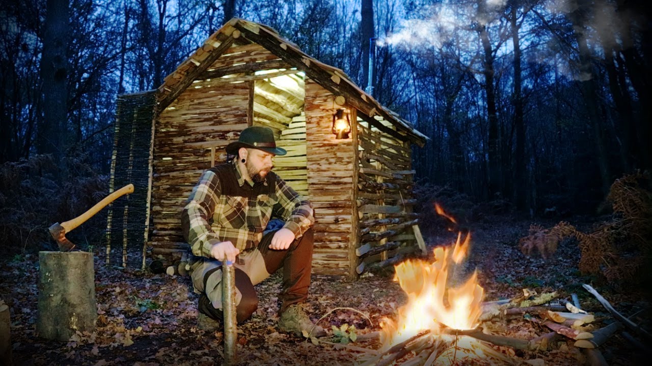 Solo Night in Wood Stove heated Bushcraft Shelter
