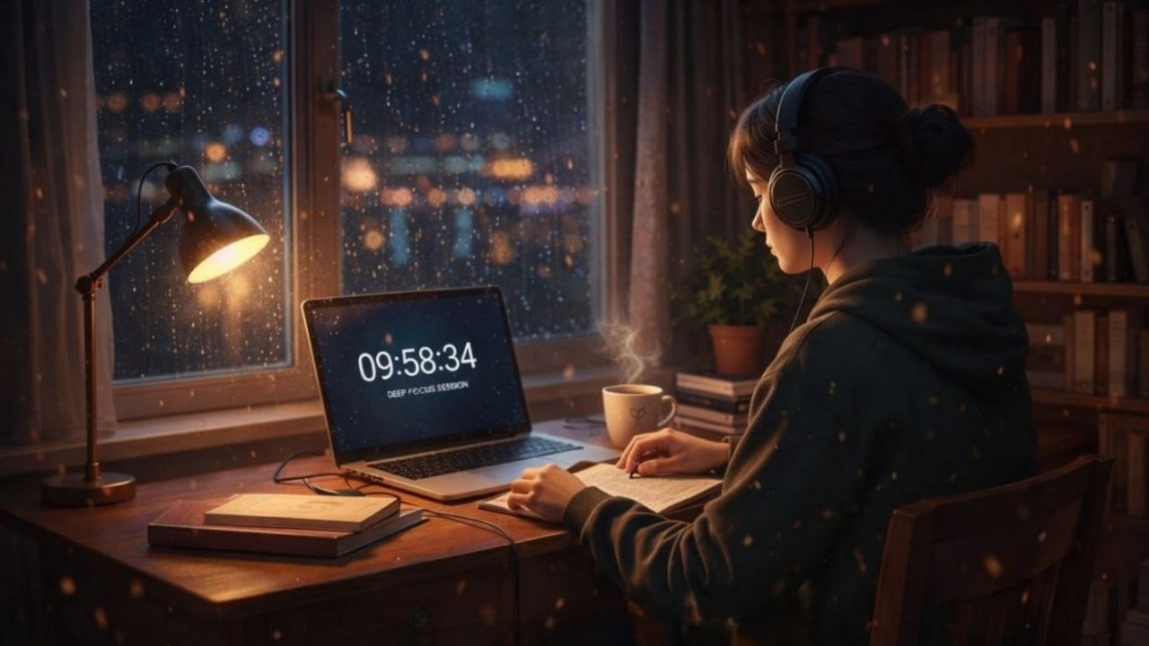 10 Hours of Deep Work in a Cozy Winter Office 🌧️ | Heavy Rain & Silent Study (Calm Music)