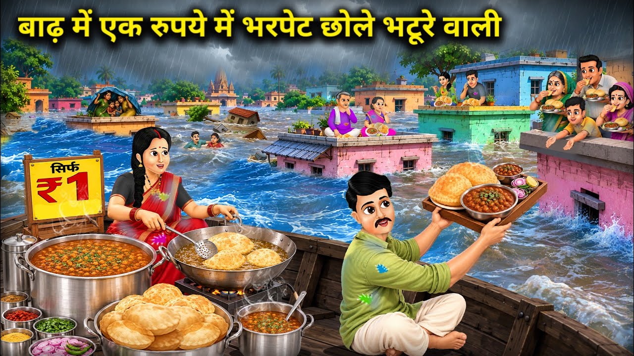 बाढ़ में ₹1 में भरपेट छोले भटूरे वाली||Hindi Cartoon Stories||The 'Chole Bhature for ₹1' lady during
