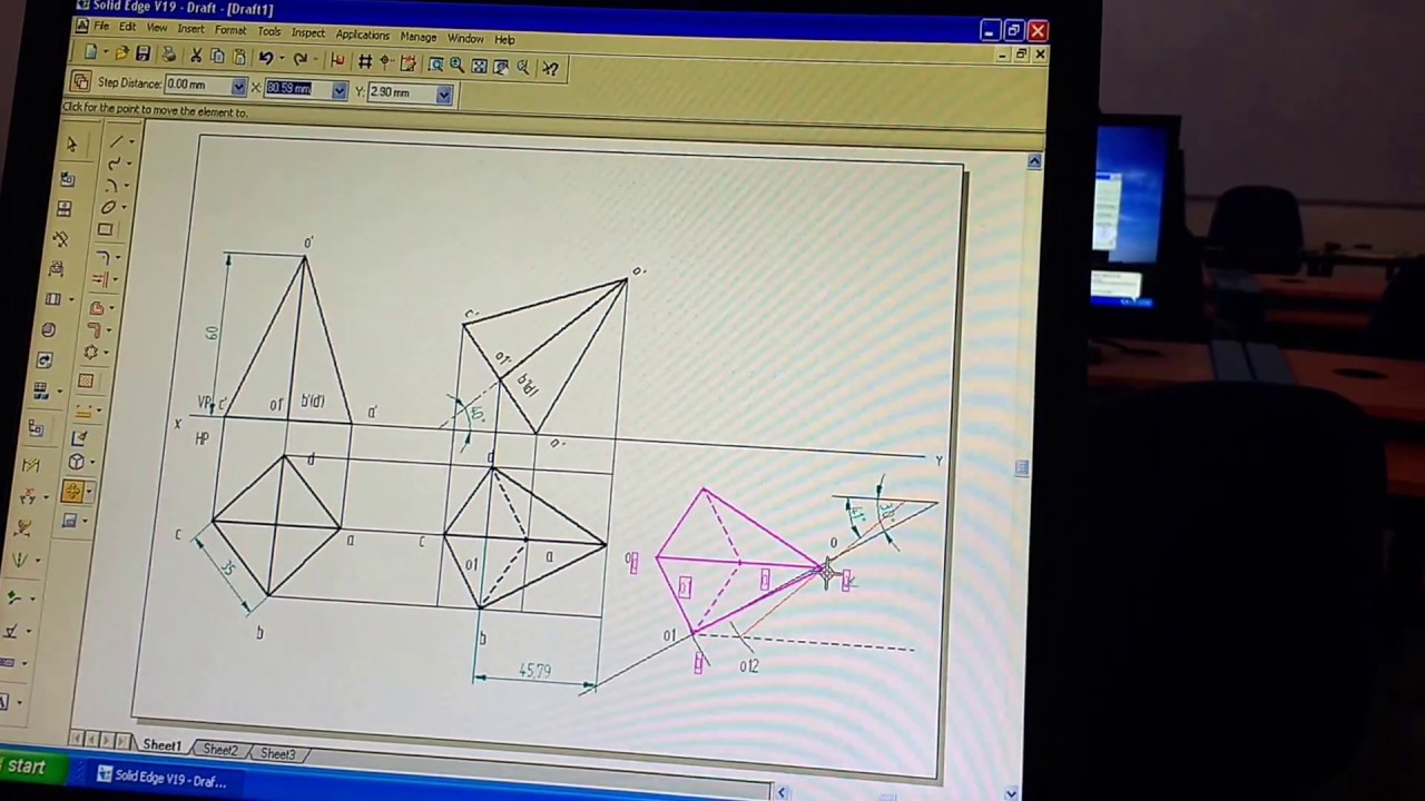 PROJECTION OF SOLIDS- SQUARE PYRAMID WITH BETA ANGLE