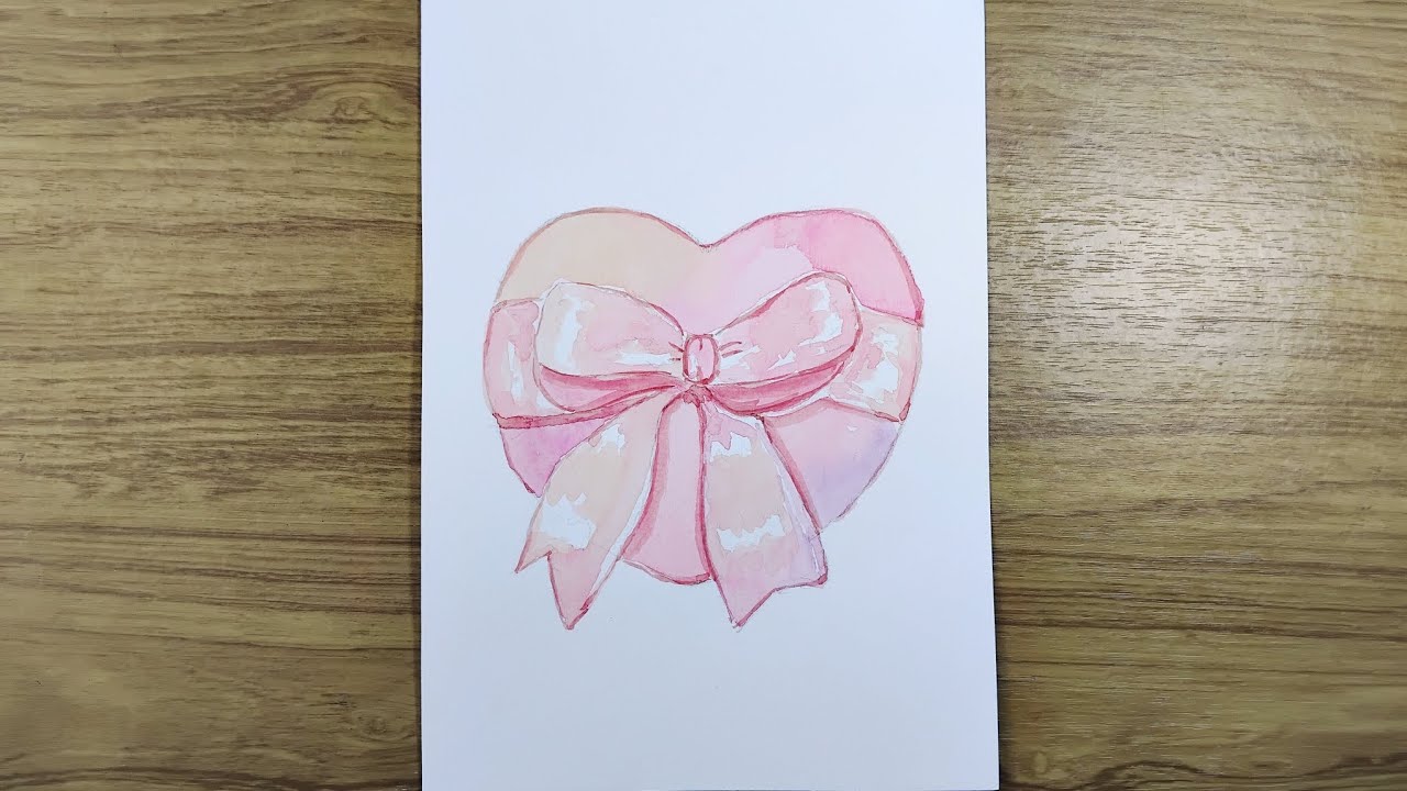 Cute pink heart gift box valentine's day idea painting with watercolor on paper 