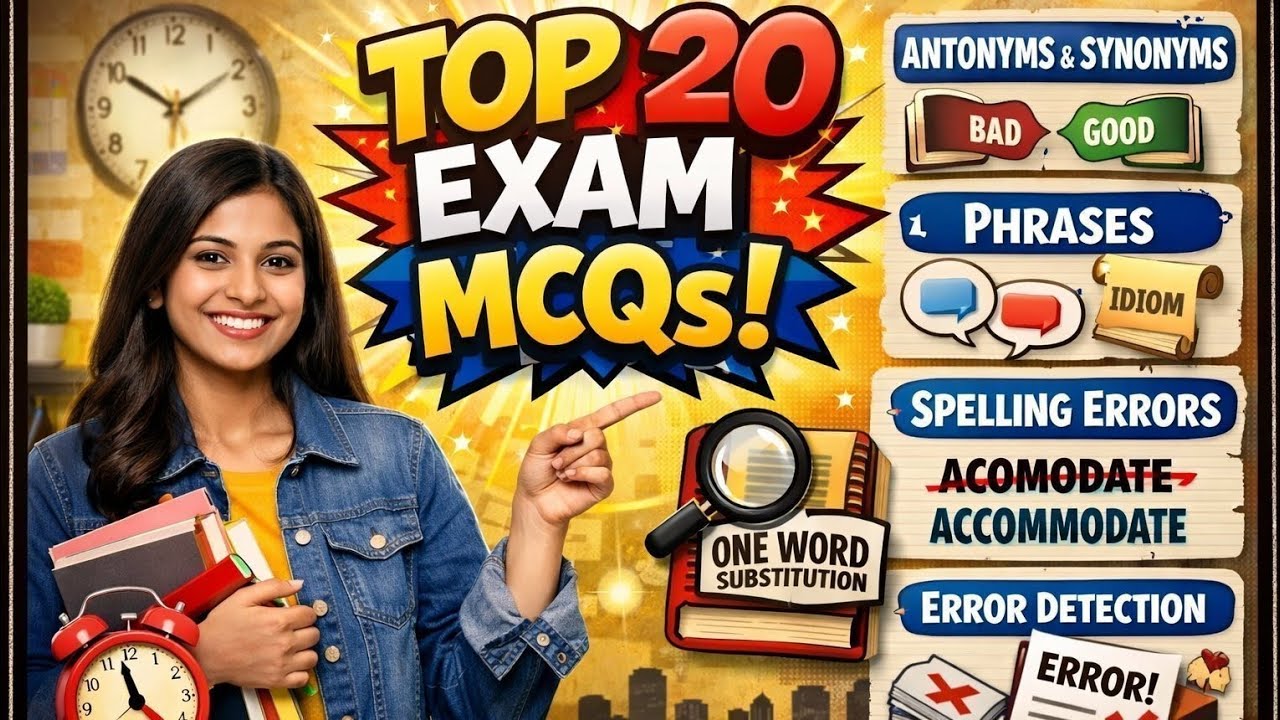 Top 20 Exam MCQs | Antonyms Synonyms | Phrases | Spelling | Error Detection | ST Education | 7 PM