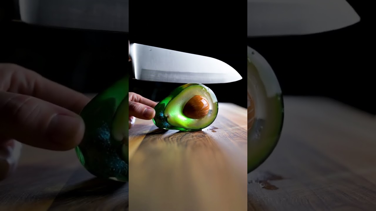 Clean slice through a semi-transparent glass avocado 🥑💥