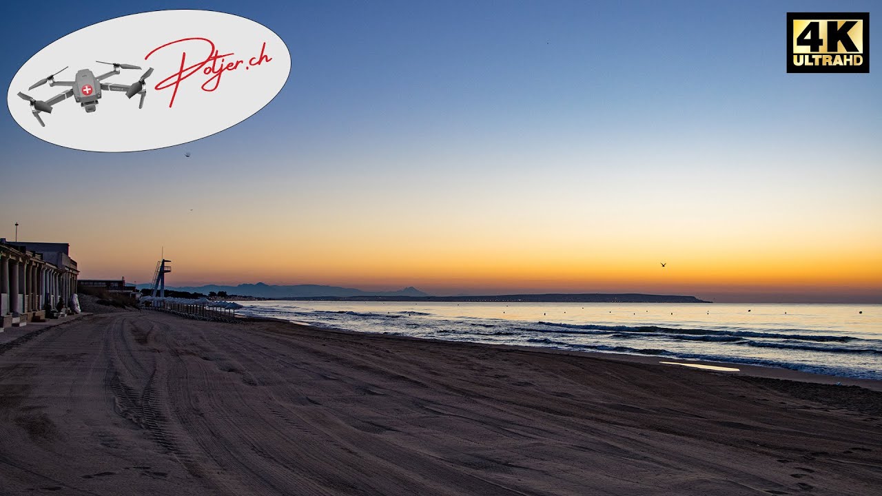 Beach & Sunrise over Mediterranean Sea in La Marina San Fulgencio Alicante Murcia Spain 4k by drone