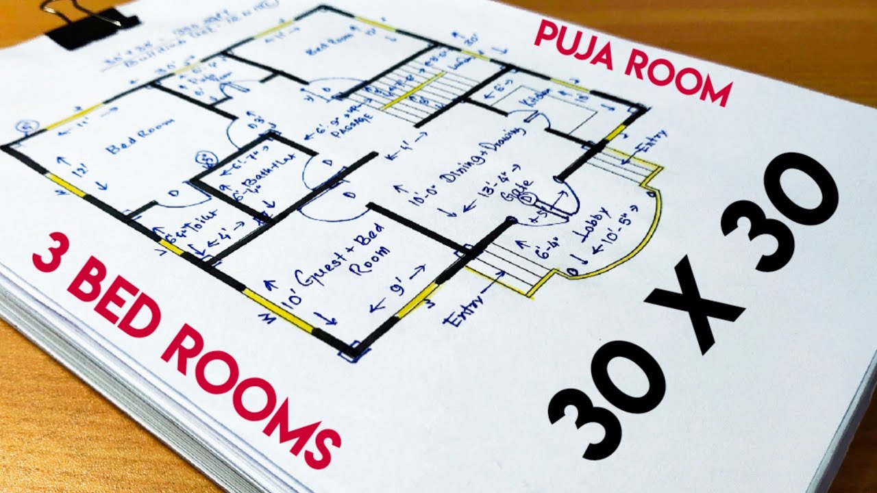 30 x 30 house plan with puja room II 30 x 30 ghar ka naksha II 900 sqft home design