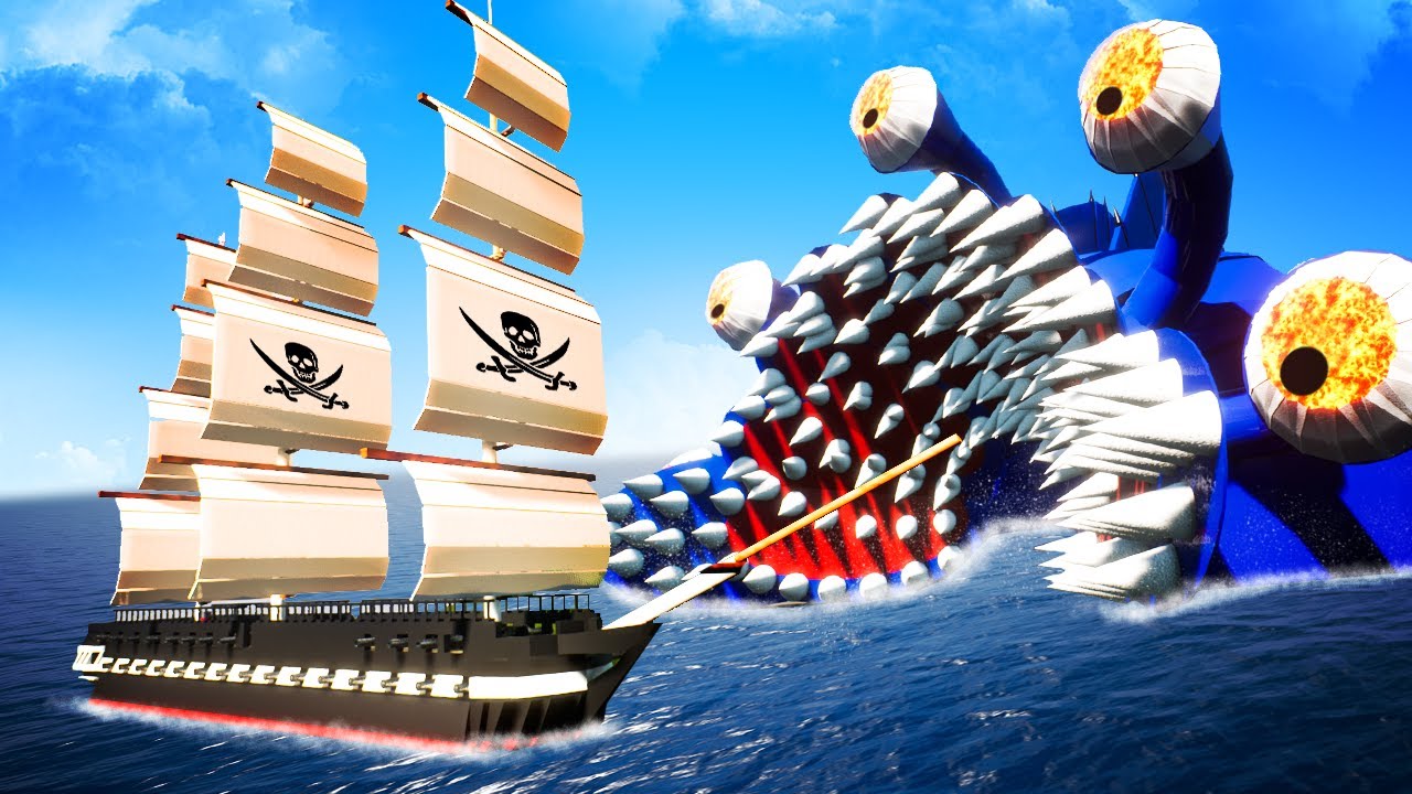 Massive MEGALODON Monster Attacks a PIRATE SHIP in Brick Rigs Multiplayer!